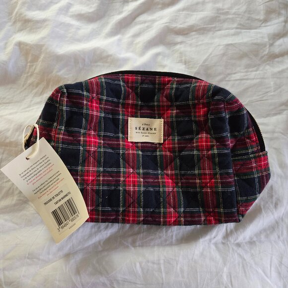 NWT Sezane  quilted Toiletry Bag - red and blue tartan print- holiday theme - Picture 1 of 4